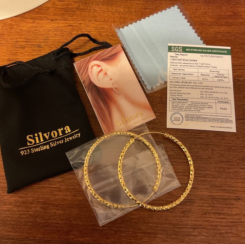 NWT Silvora .925 Silver Gold Hoop Earrings Boxed Cleaning Cloth Gold Hoop